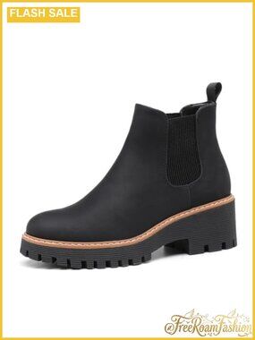 Womens Chunky Platform Chelsea Ankle Boots Faux Leather Low Wedge Heel